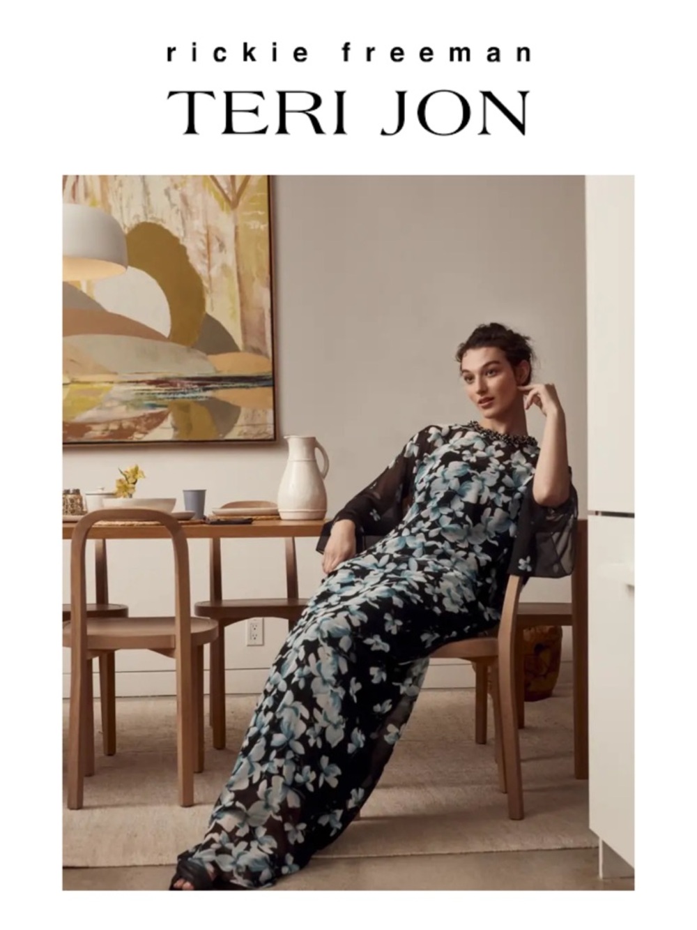 TERI JON by Rickie Freeman Jewel-Neck Floral Chiffon Kaftan Gown